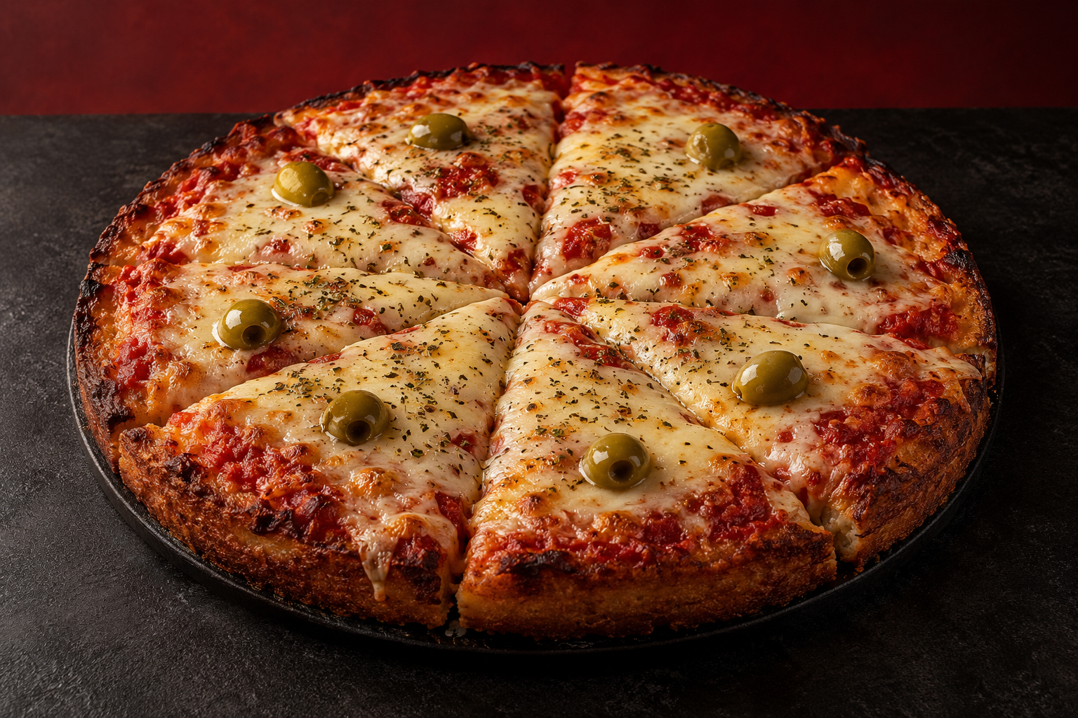 Pizza al molde con queso cremoso y aceitunas